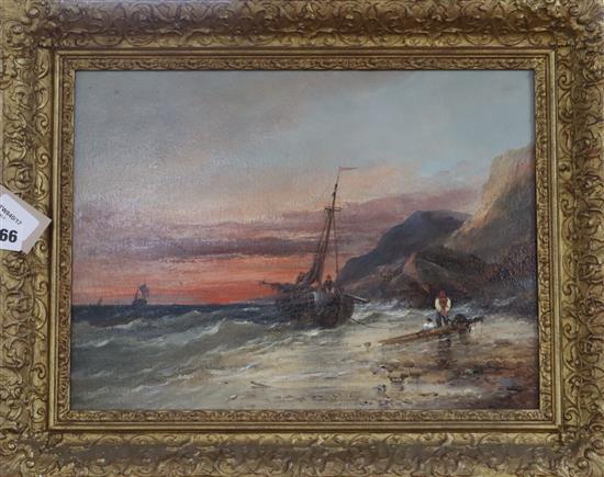 English School (19th century), sunset coastal scene with boat, fishermen mending a broken bowsprit, 28.5 x 39cm